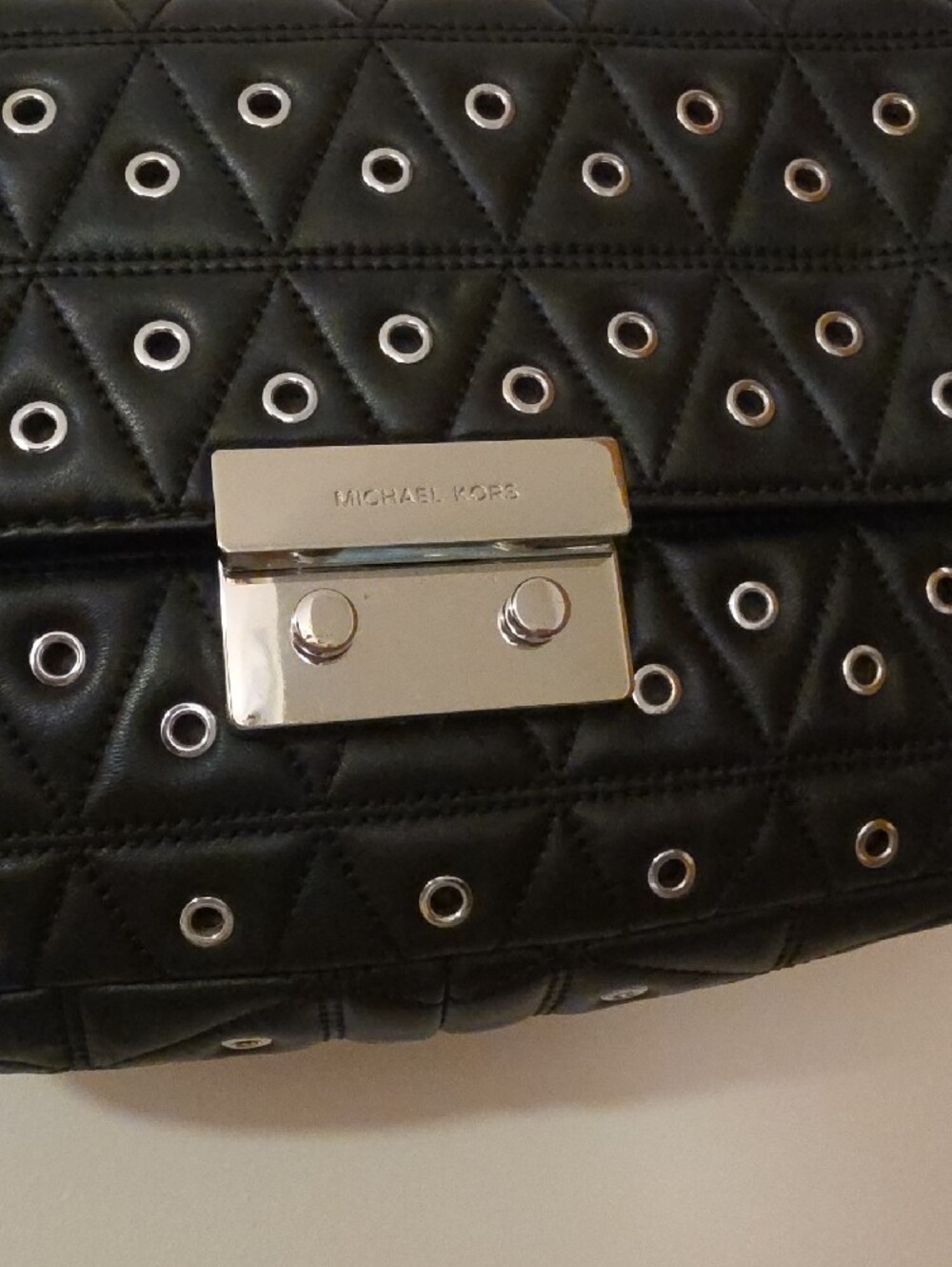 Michael Kors Black Leather Quilted Shoulder Bag with Silver Eyelets and Chain - Picture 2 of 9